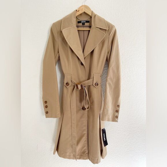 DKNY Donna Karan Trench Coat Short Double-Breasted Cotton Blend Beige - Size S - Picture 1 of 11